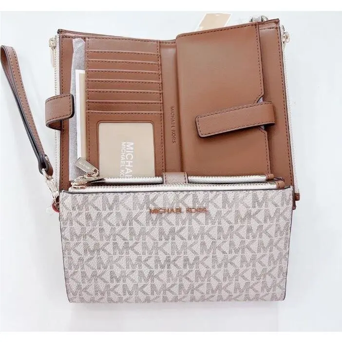Michael Kors MK Signature Double Zip Phone Case Wallet Wristlet Vanilla
