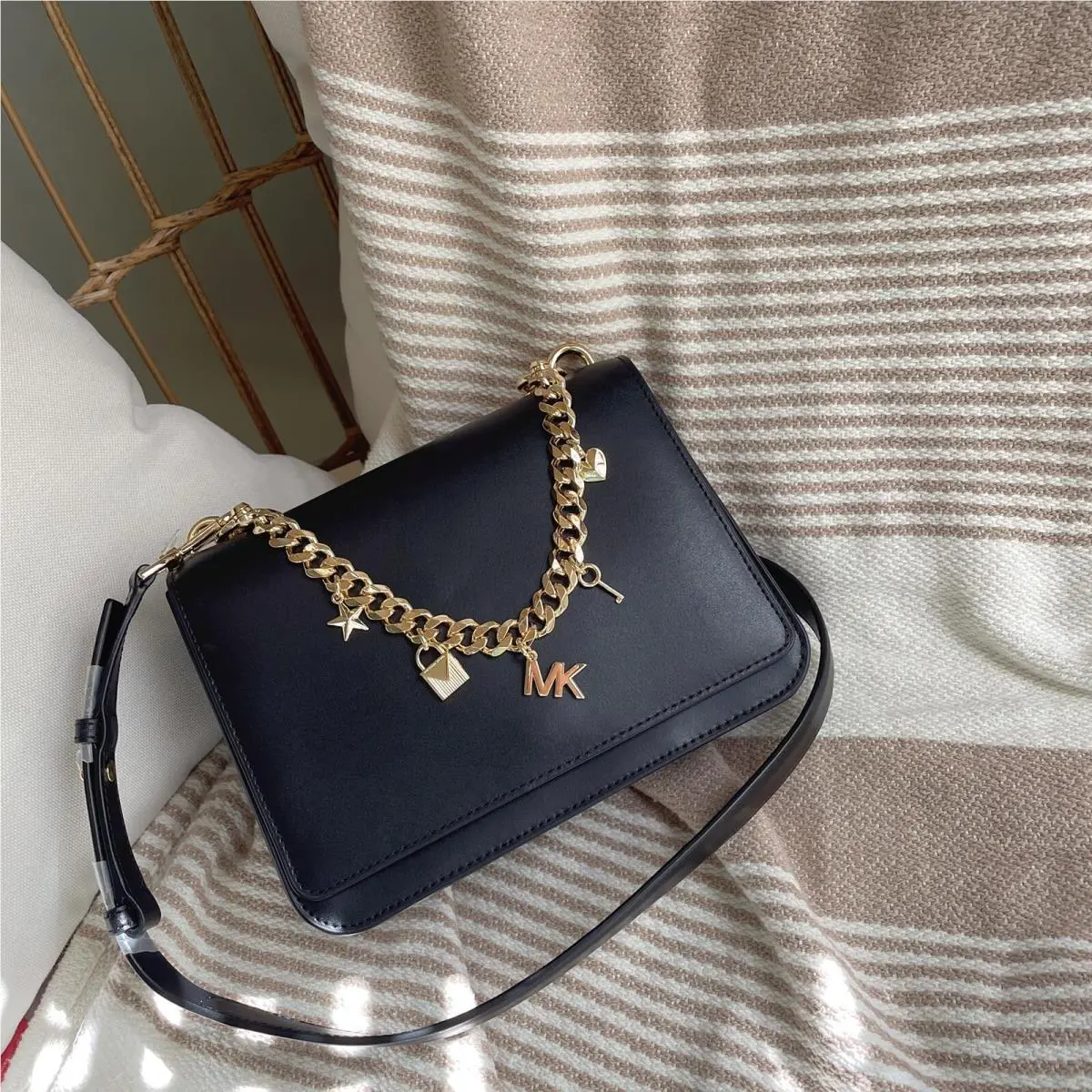 Michael Kors Mott Large Charm Swag Shoulder Bag Black Leather Gold Cha