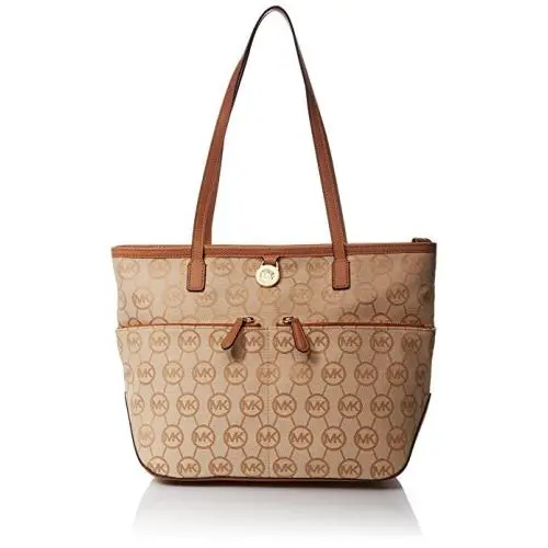 Michael Kors Kempton Pocket Beige Camel Tan Canvas MD Pocket Tote Bag Purse
