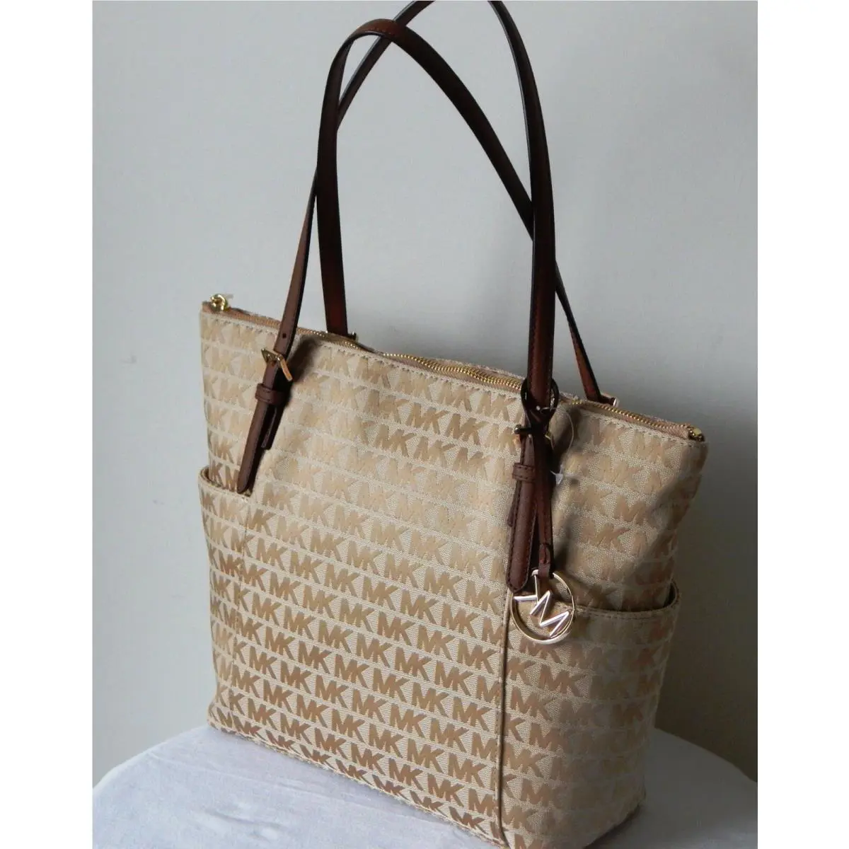 Michael Kors MK Monogram Jet Set Travel Top Zip Shoulder Tote Beige