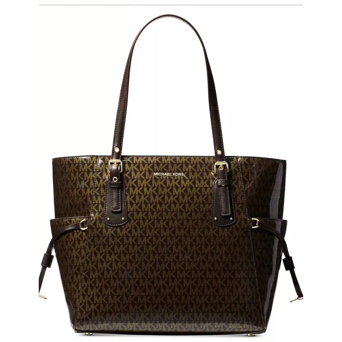 Michael Kors Signature Glossy Logo MK Voyager East West Tote Brown Gold Bag