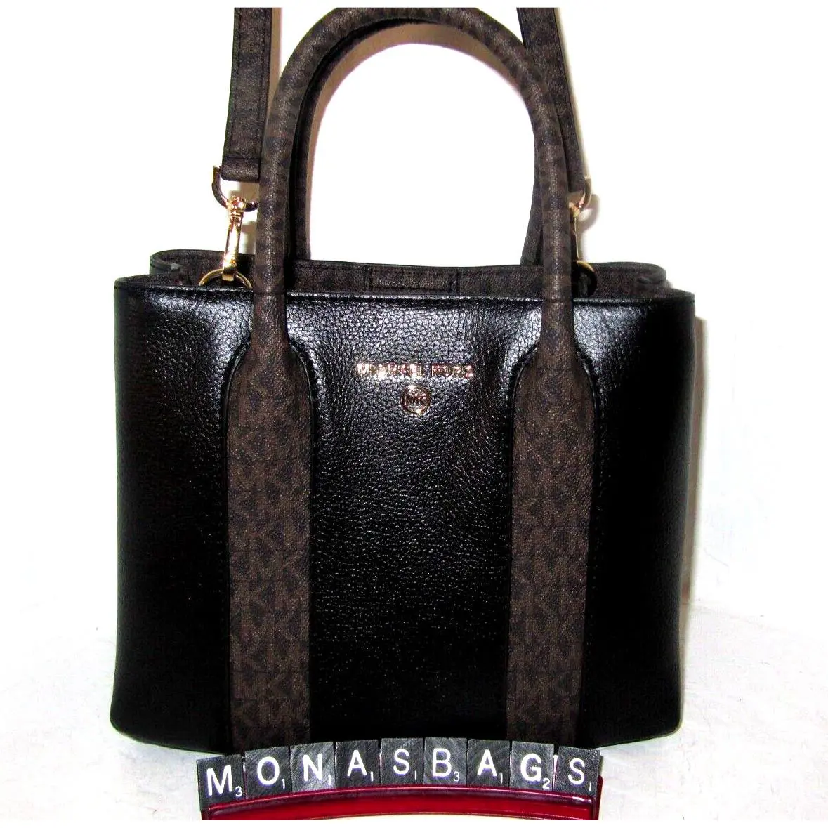 Michael Kors Austin Black Leather Signature Logo Stripe Medium Crossbody Bag