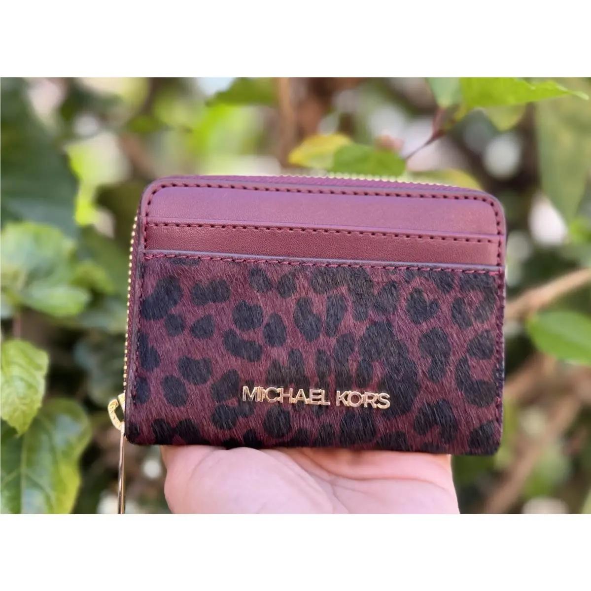 Michael Kors Jet Set Travel MD Zip Around Card Case Wallet Exotic Oxblood Multi