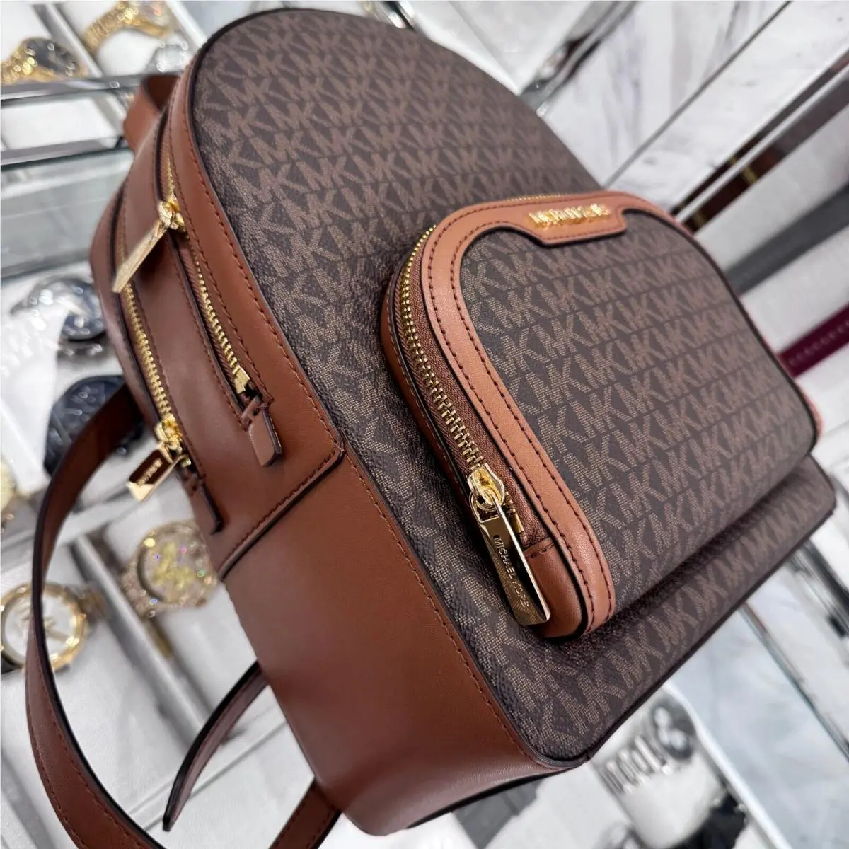 Michael Kors Jaycee MD Zip Pocket Backpack Bag MK Brown