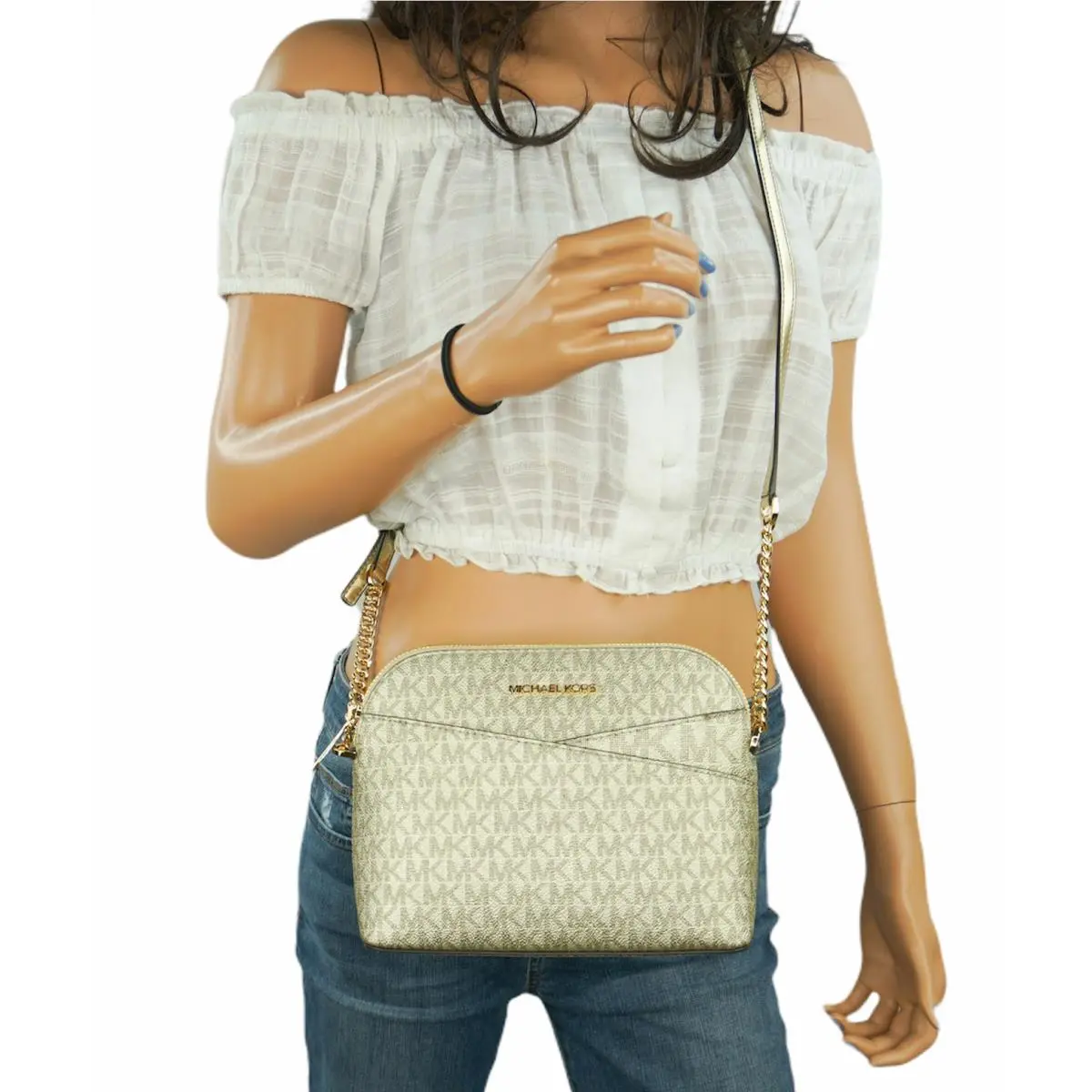 Michael Kors Jet Set Travel Dome Shoulder Crossbody Bag MK Pale Gold