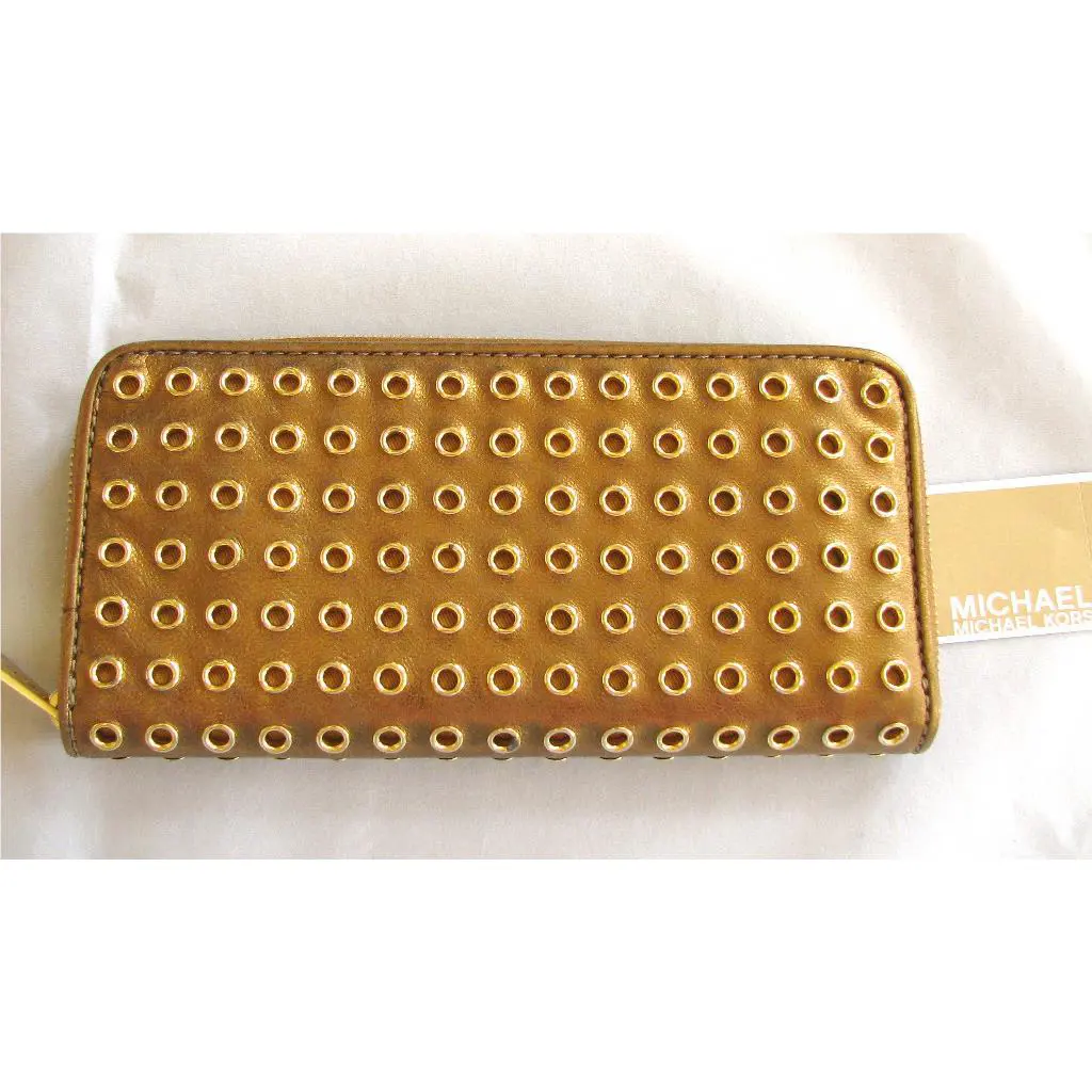 Michael Kors Collette Metallic Gold Bronze Leather Zip Around Wallet Clutch