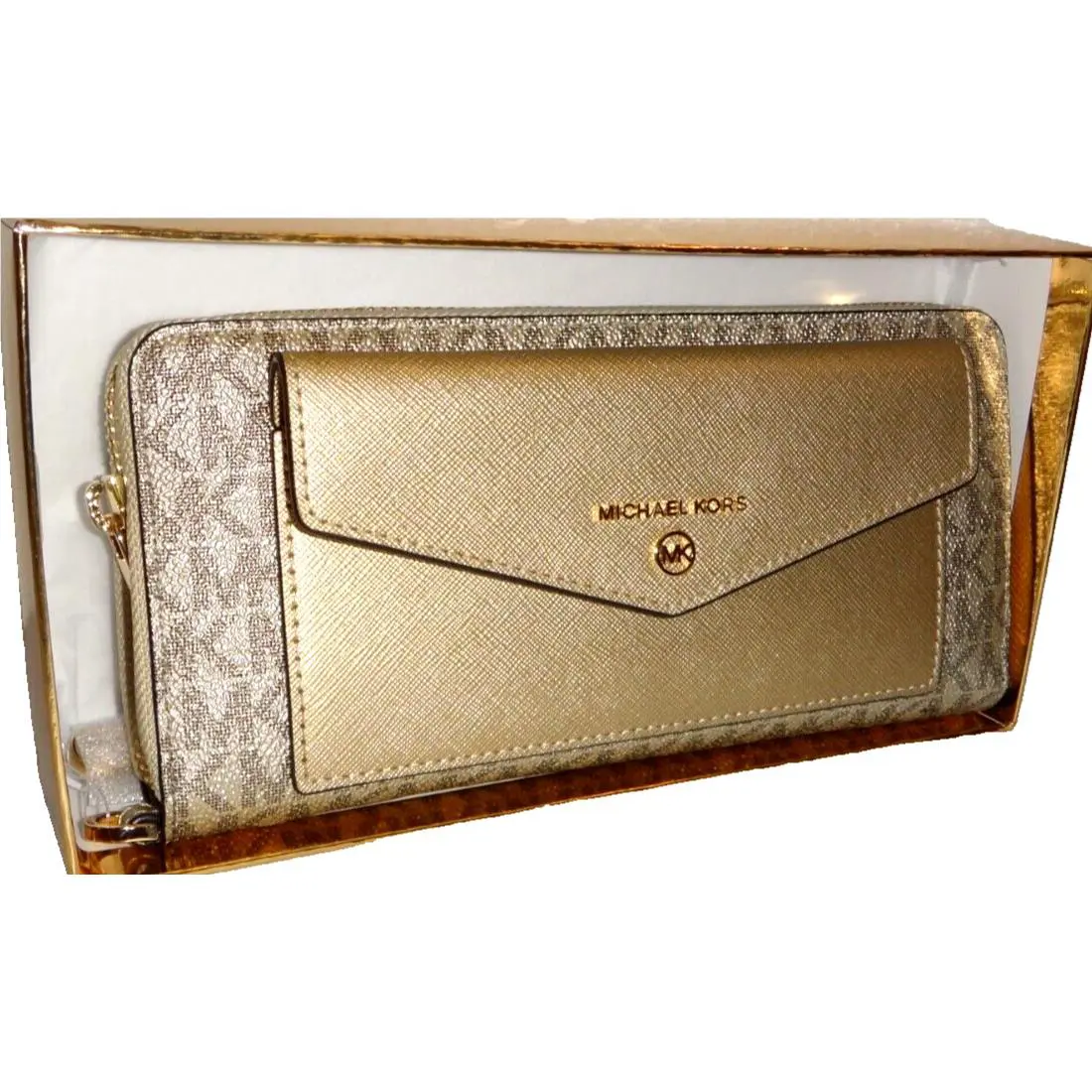 Michael Kors Jet Set Charm MK Signature LG Travel Wallet Clutch Pale Gold + Box