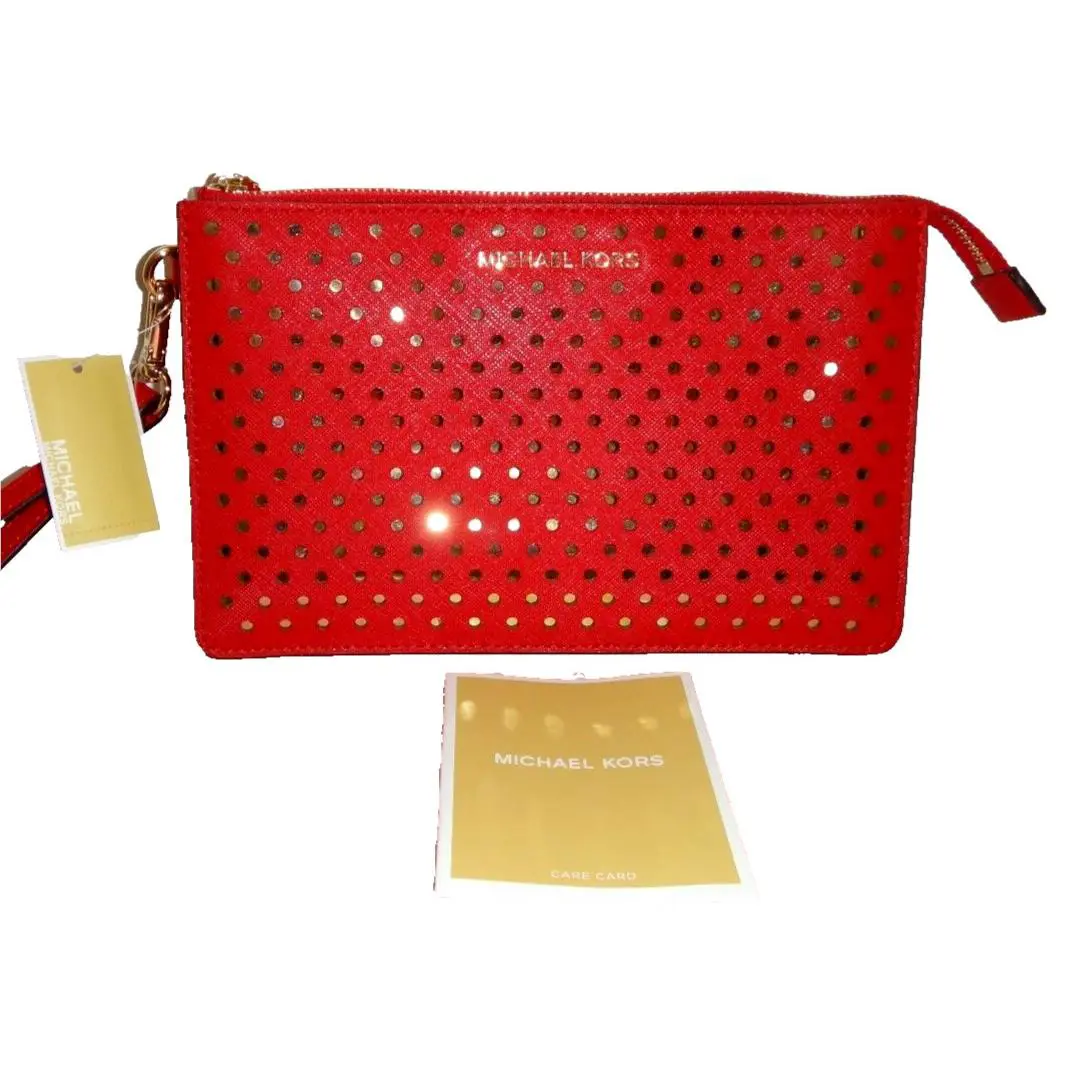Michael Kors Women`s MK Gusset Wristlet Clutch Red Saffiano Leather Gold Studs
