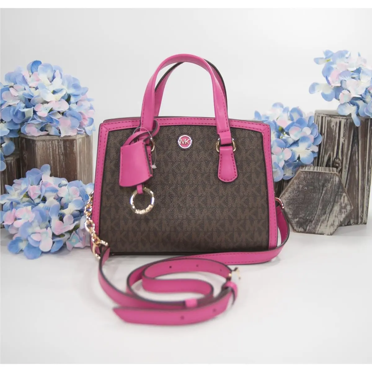Michael Kors Brown Monogram Cerise Leather Chantal Mini Satchel Bag