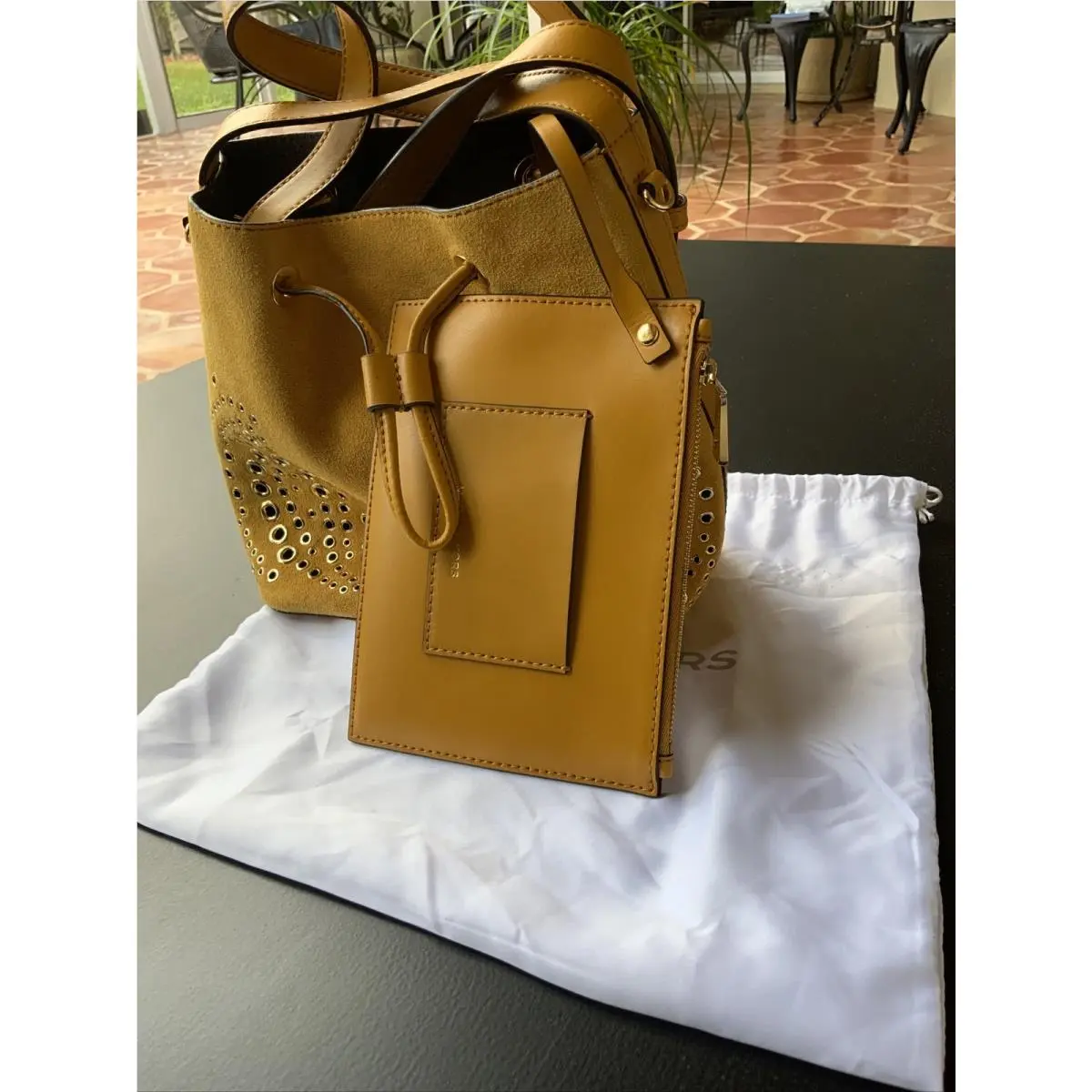 Michael Kors Cary Embellished Suede Bucket Crossbody Bag Marigold/gold