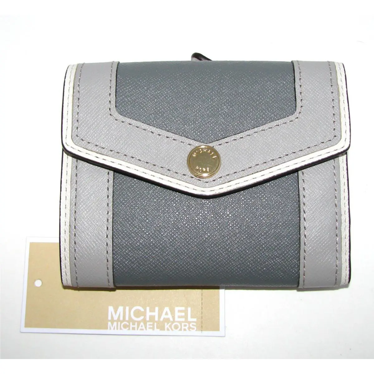 Michael Kors Saffiano Overlay Slate Grey Gray Leather MD Carryall Wallet