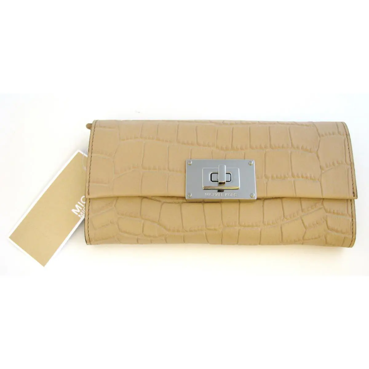 Michael Kors Sloan Peanut Tan Croc Embossed Leather Flap Clutch Wallet
