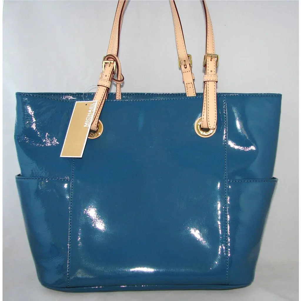 Michael Kors Oasis Blue Patent Leather Tote Hand Bag Beige Handles