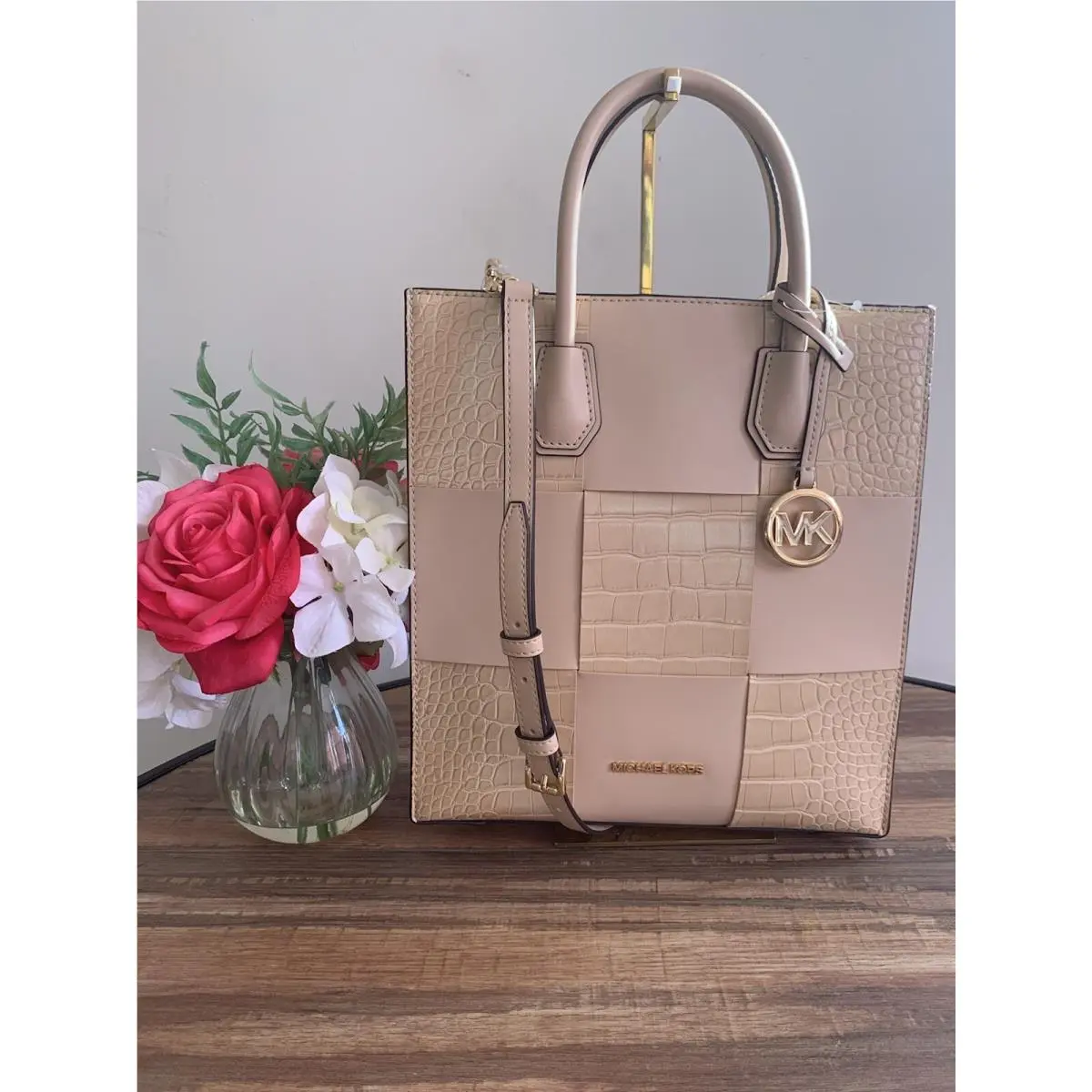 Michael Kors Mercer Medium NS Shopper Handbag Tote Crossbody Buff Leather