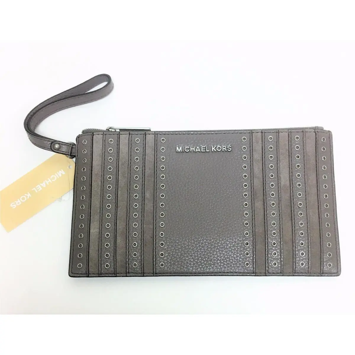 Michael Kors Mini Grommets Gray Cinder Leather+suede Zip Clutch Wristlet Bag