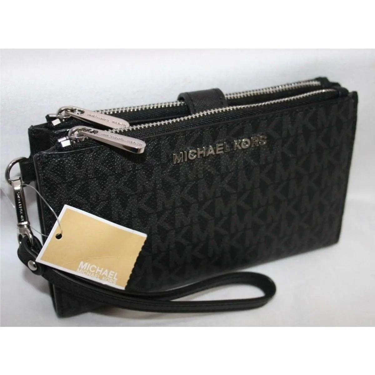Michael Kors MK Signature Double Zip Phone Case Wallet Wristlet Black