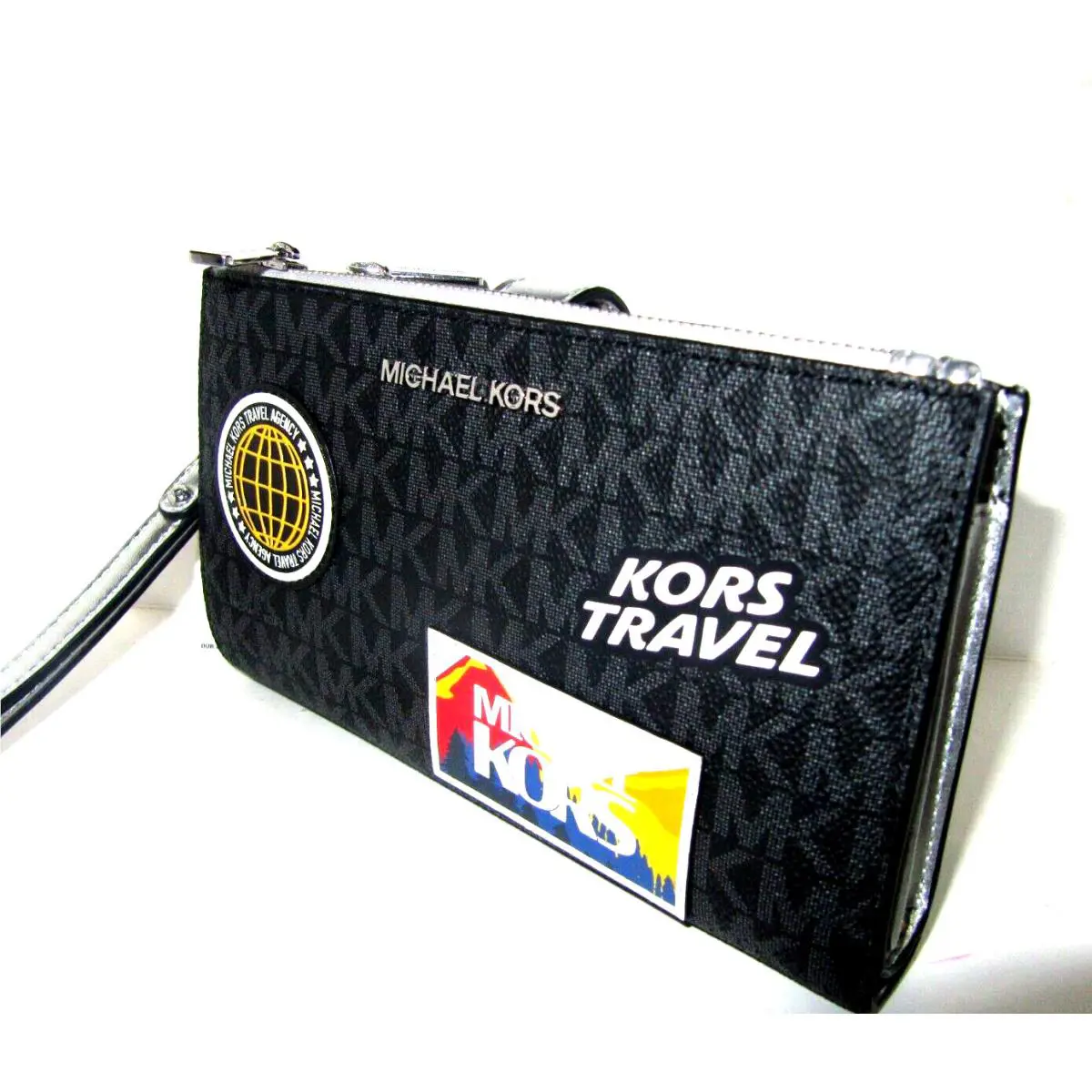 Michael Kors Jet Set Travel Black Large Double Zip Logo Phone Wristlet Wallet