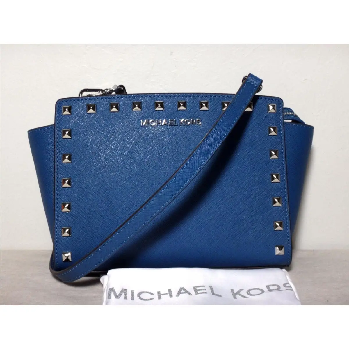Michael Kors Selma Stud MD Leather Messenger Steel Blue