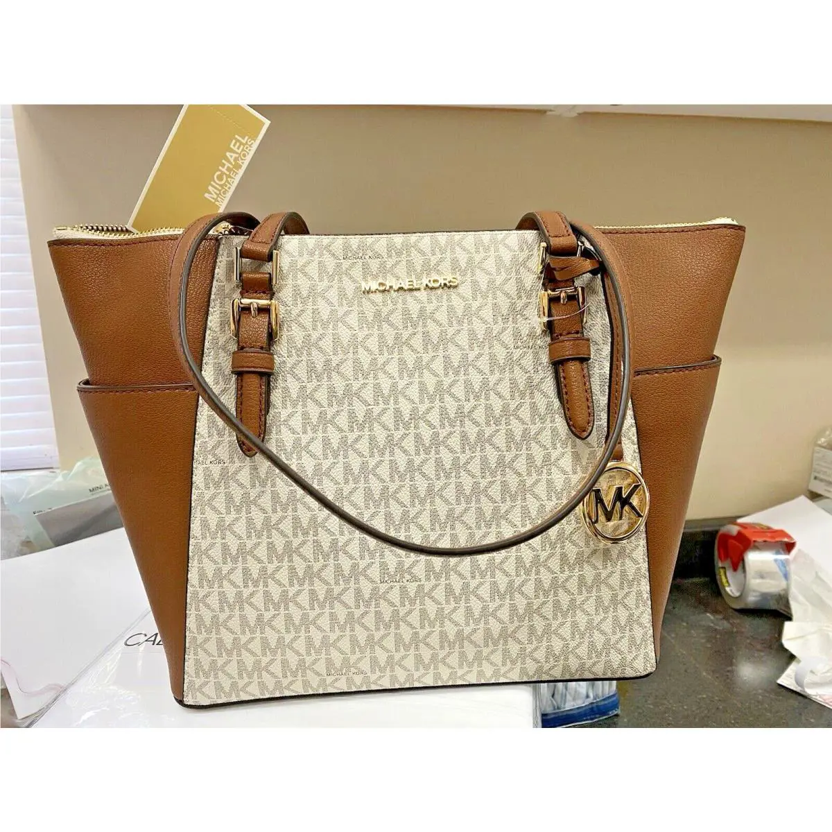 Michael Kors Charlotte Large Top Zip Shoulder Bag Tote Vanilla MK Signature