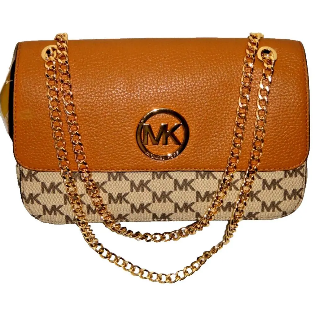 Michael Kors Women`s Fulton MK Signature Flap Chain Bag Natural Acorn 38H7XFTL1V