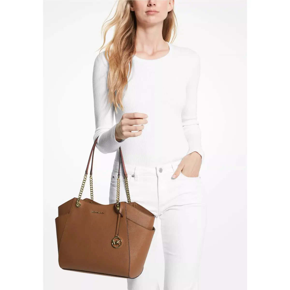 Michael Kors Jet Set Travel Large Chain Shoulder Leather Tote - Luggage