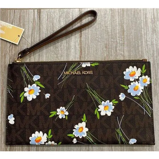 Michael Kors Jet Set Floral MK Signature Brown LG Zip Clutch Wristlet Wallet