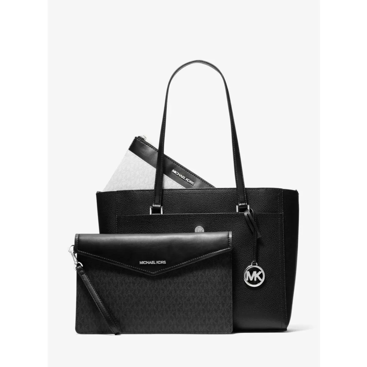 Michael Kors 3-piece Set LG Tote/sm Crossbody/wristlet Black Leather Logo White