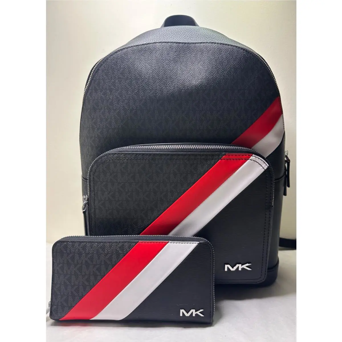 Michael Kors Cooper Black Stripe MK Signature Commuter Travel Backpack Wallet