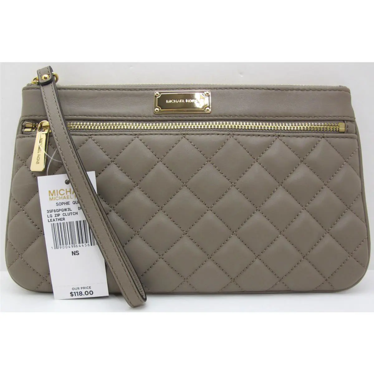 Michael Kors Sophie Quilt Leather Clutch Zip Large Wristlet Dark Taupe/gold