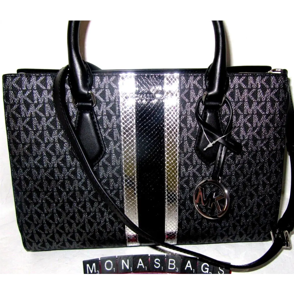 Michael Kors Sheila Medium Black Signature Logo Silver Metallic Satchel