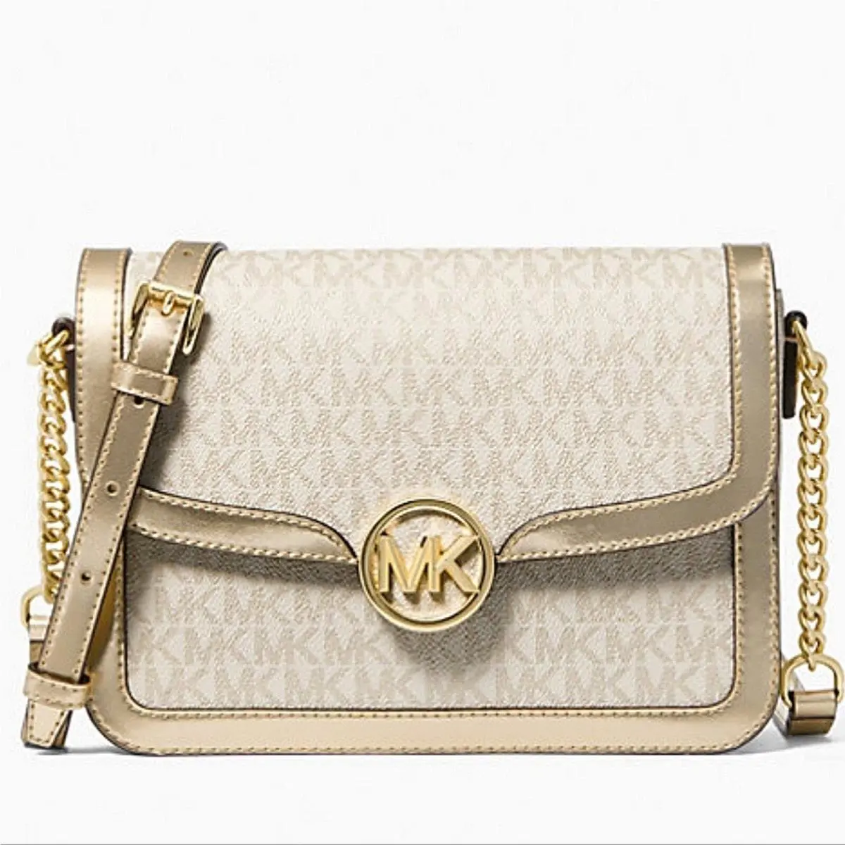 Michael Kors Leida Medium Shoulder Purse Metallic Pale Gold Signature Logo