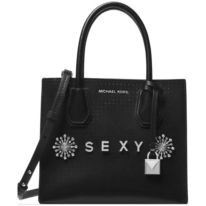Michael Kors Mercer Perforated Messenger Sexy Black Silver Holidays Bag Tote