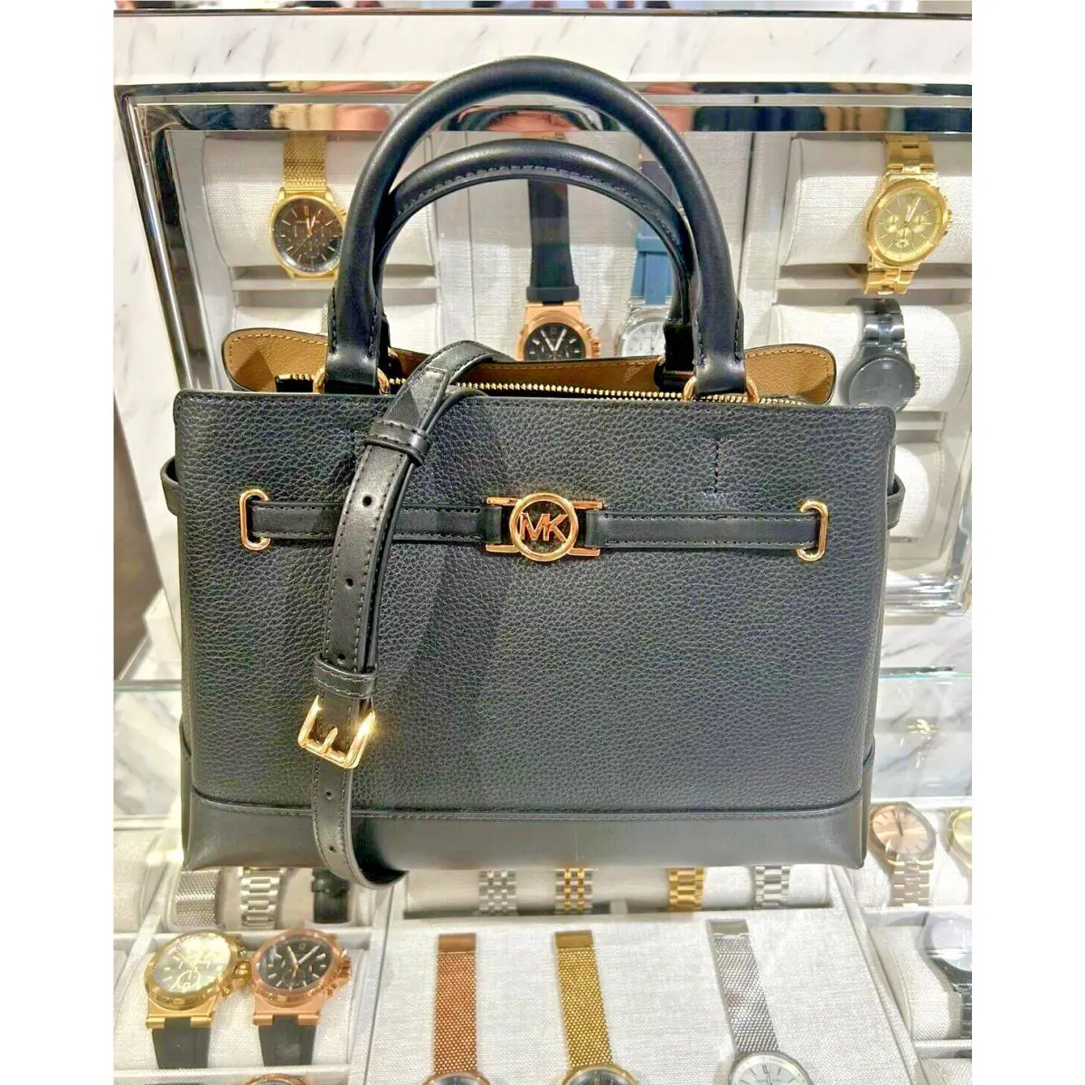 Michael Kors Reed Large Leather CZ Belted Crossbody Satchel Handbag Purse Black