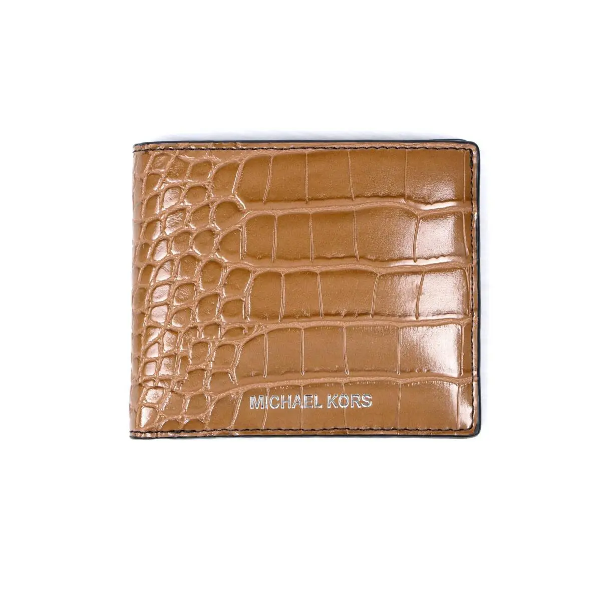Michael Kors Men Cooper Croc Embossed Tan Luggage Leather Billfold Bifold Wallet - Tan