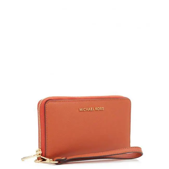 Michael Kors Jet Set Large Travel Flat Phone Case Orange Leather Wallet