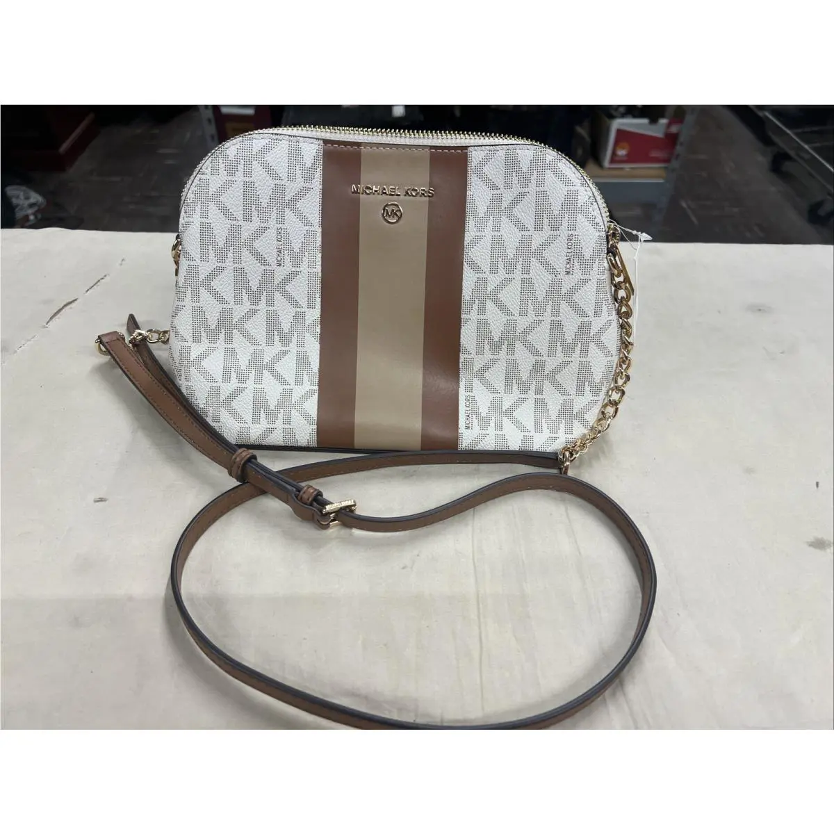 Michael Kors Center Stripe Vanilla Luggage Cindy LG Dome Cross Xbody Bag