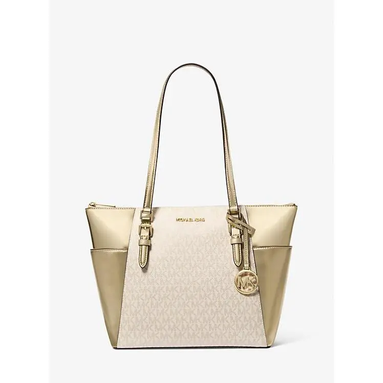 Michael Kors Charlotte Large Top Zip Shoulder Bag Tote Signature Pale Gold