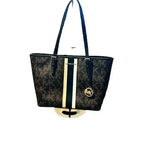 Michael Kors Jst Medium Carry Alllogo Stripe Tote Bag -black Multi