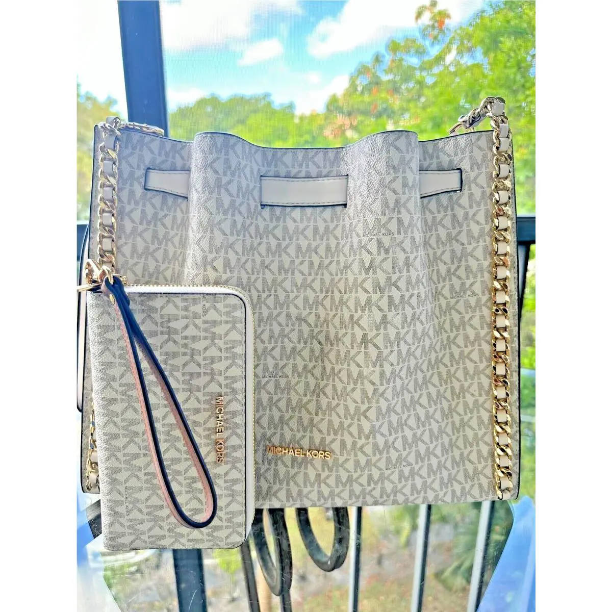 Michael Kors Ladies Mina Large Shoulder Bag Purse Handbag+ Phone Wallet Wristlet