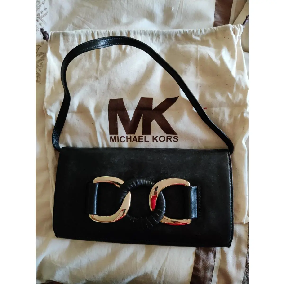 Michael Kors Black Leather Convertible Clutch Shoulder Baguette Bag Purse