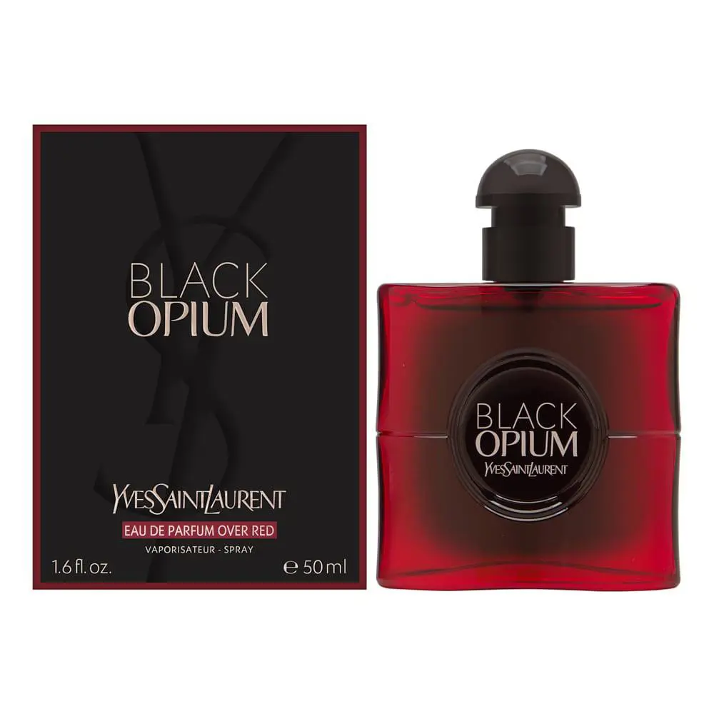 Black Opium by Yves Saint Laurent For Women 1.6 oz Eau de Parfum Over Red Spray