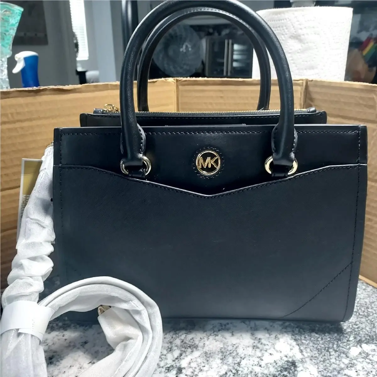 Michael Kors Everly Medium Saffiano Black Leather Satchel Shoulder Strap