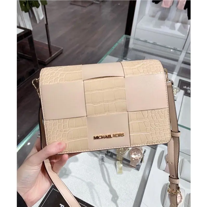 Michael Kors Mercer Small Patent Leather Crocodile Print Crossbody Handbag Buff