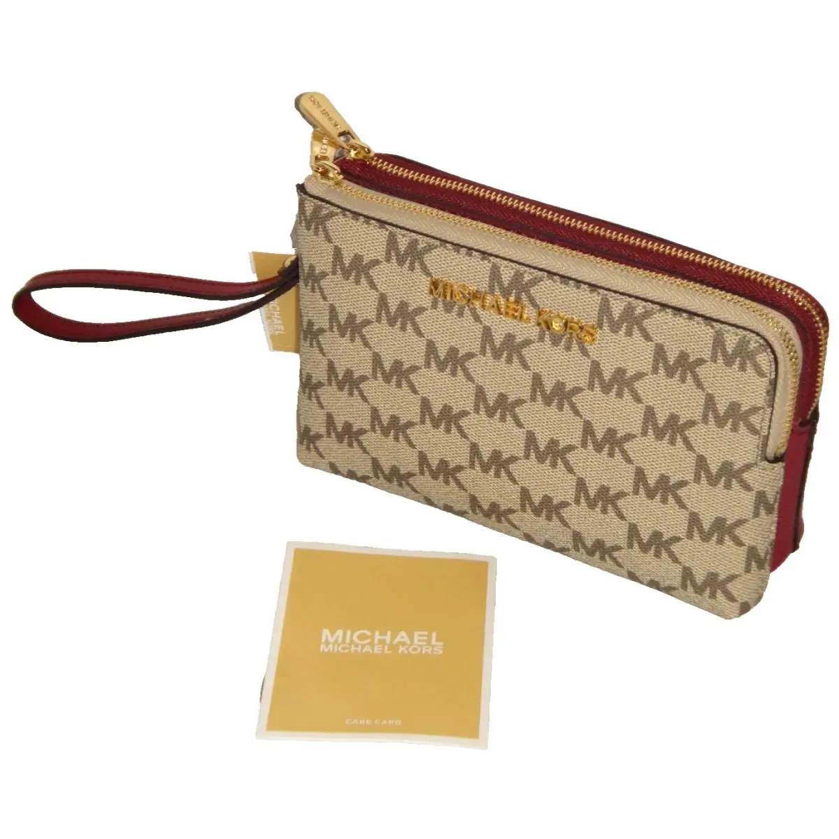 Michael Kors MK Signature LG Double Zip Wristlet Clutch Wallet Natural Mulberry