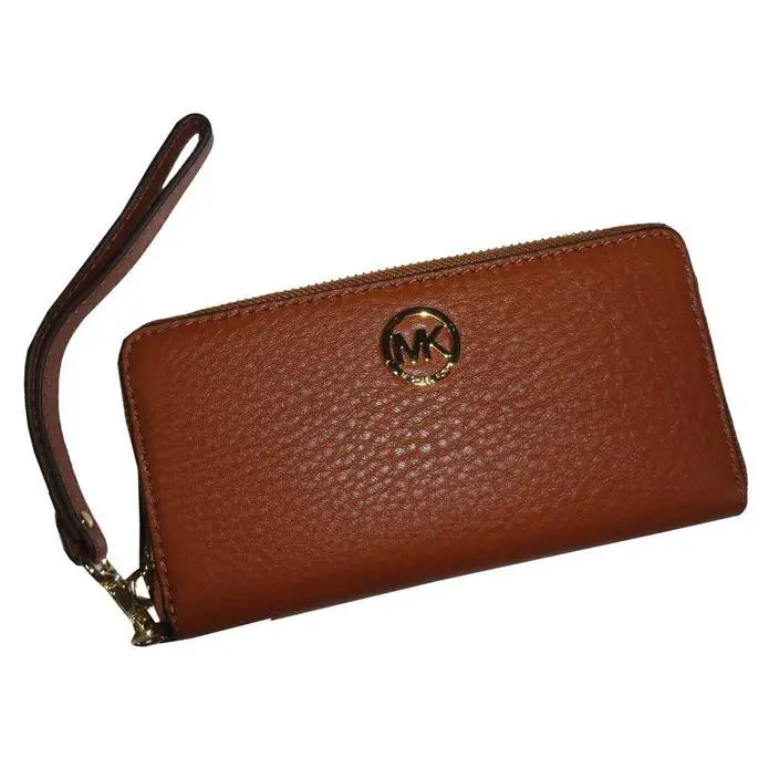 New-michael Kors Fulton Pebbled Luggage Brown Coin Phone Case Wristlet Wallet