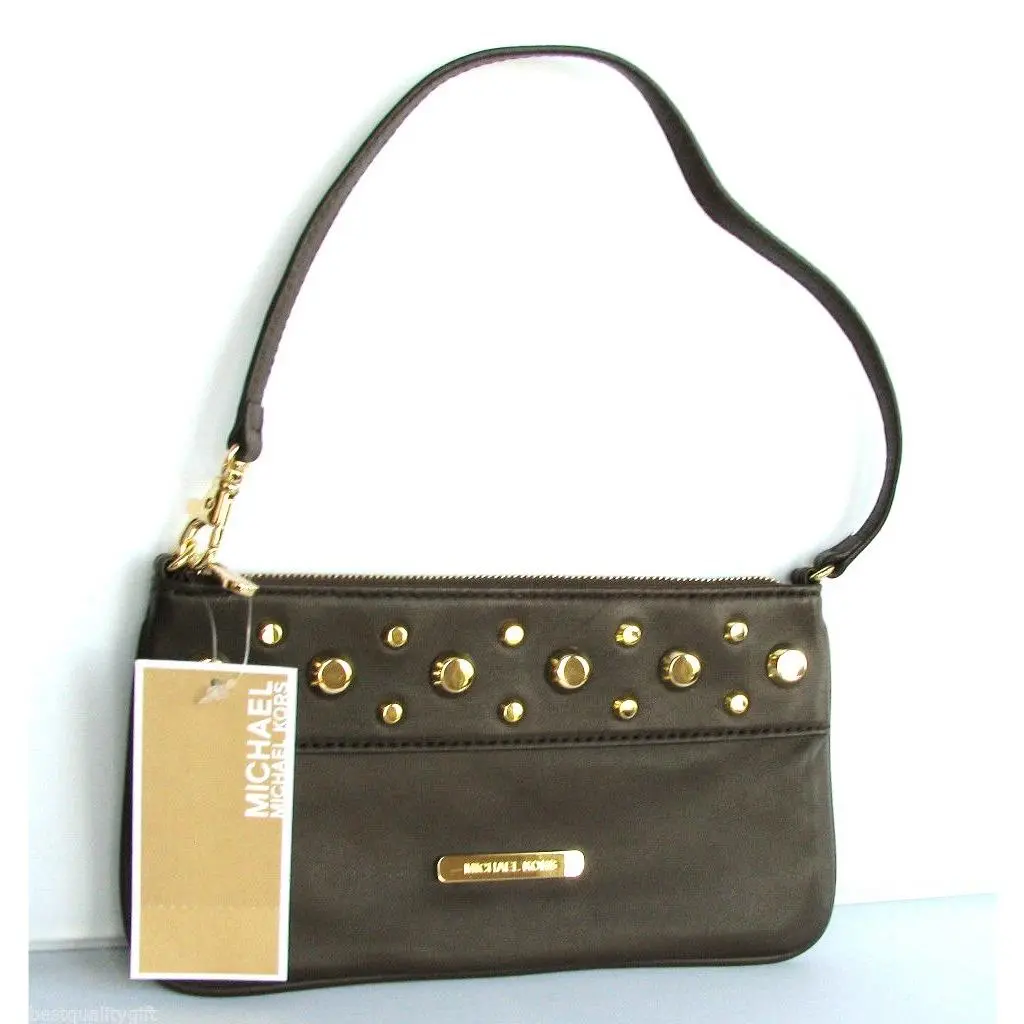 Michael Kors Ludlow Mocha Dark Brown Leather Wristlet Strap Mini Clutch Bag