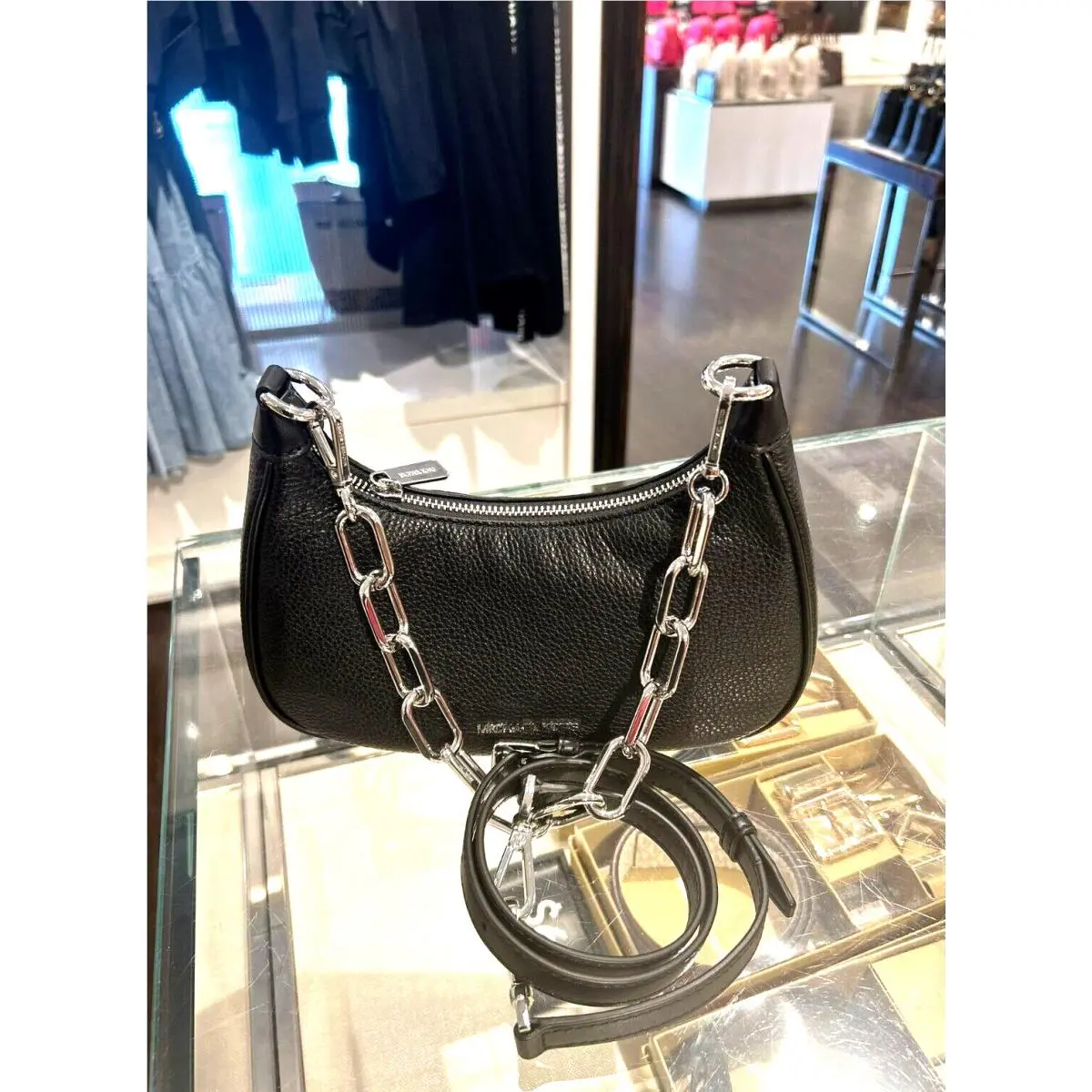 Michael Kors Cora Medium Zip Pouchette Chain Crossbody Shoulder Bag - Black