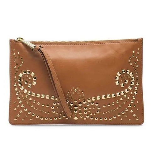 Michael Kors Rhea Luggage Brown Lamb Leather Studded Large Wristlet Clutch Bag