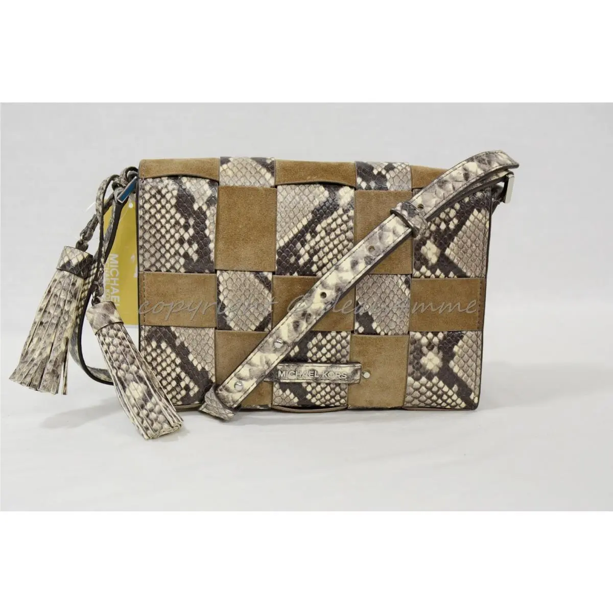 Michael Kors Vivian Medium Messenger Bag in Embossed Woven Leather Dark Dune