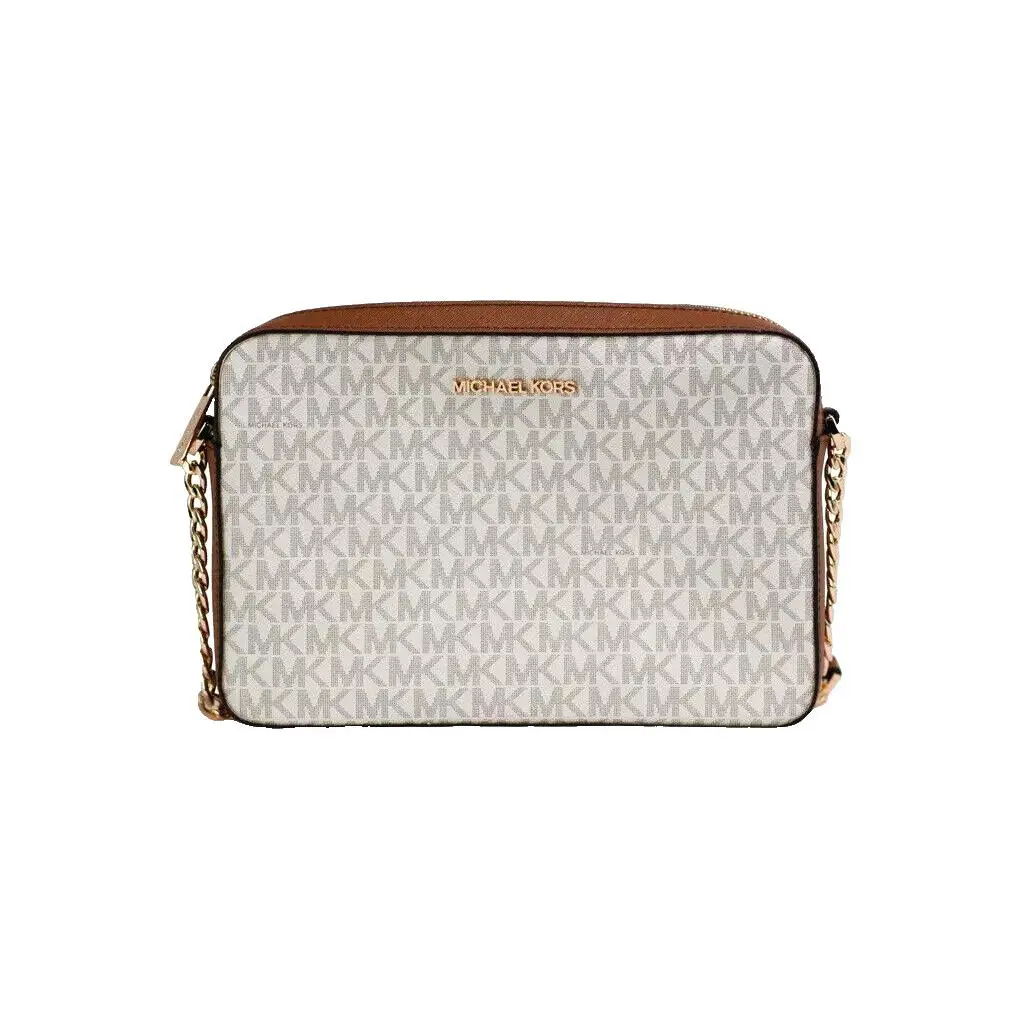 Michael Kors Jet Set Large Zip Chain Crossbody Bag Shoulder MK Vanilla Signature